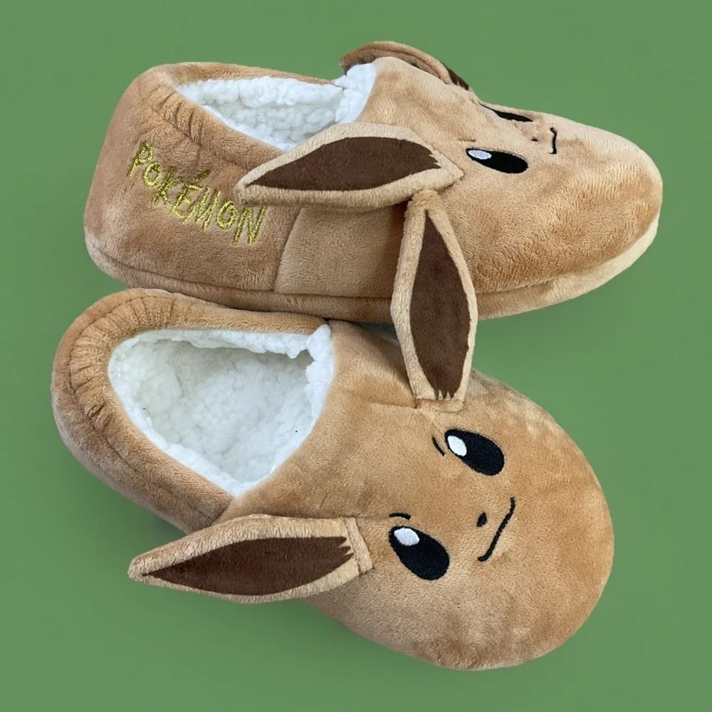 Pokemon Eevee Slippers Shoes 3D Sherpa Lined Ears Embroidered Kids Sz 2.5 EUC